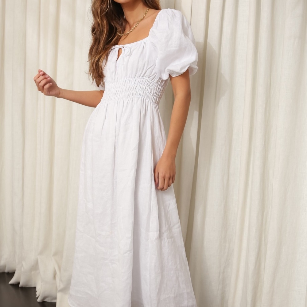 Faithfull the Brand Midi Dress 100% Linen Smocked A-Line Puff Sleeve White Sz 8